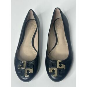 Tory Burch Lowell Leather Two Tone Gold Black Logo Ballet Flat Old Money 6.5